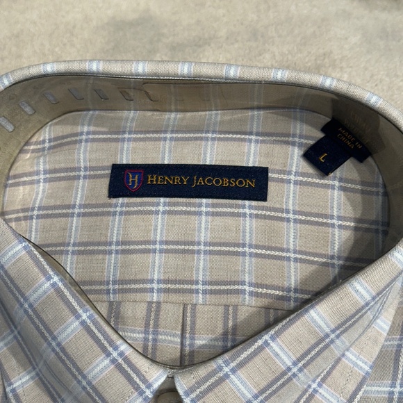 New Henry Jacobson, size Large, 100% cotton taupe plaid woven sport shirt - Picture 2 of 4